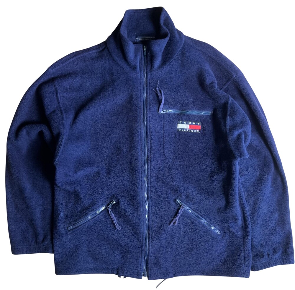 Tommy Hilfiger Sweater Mens XL Blue Full Zip Mock Neck Pockets Fleece Logo